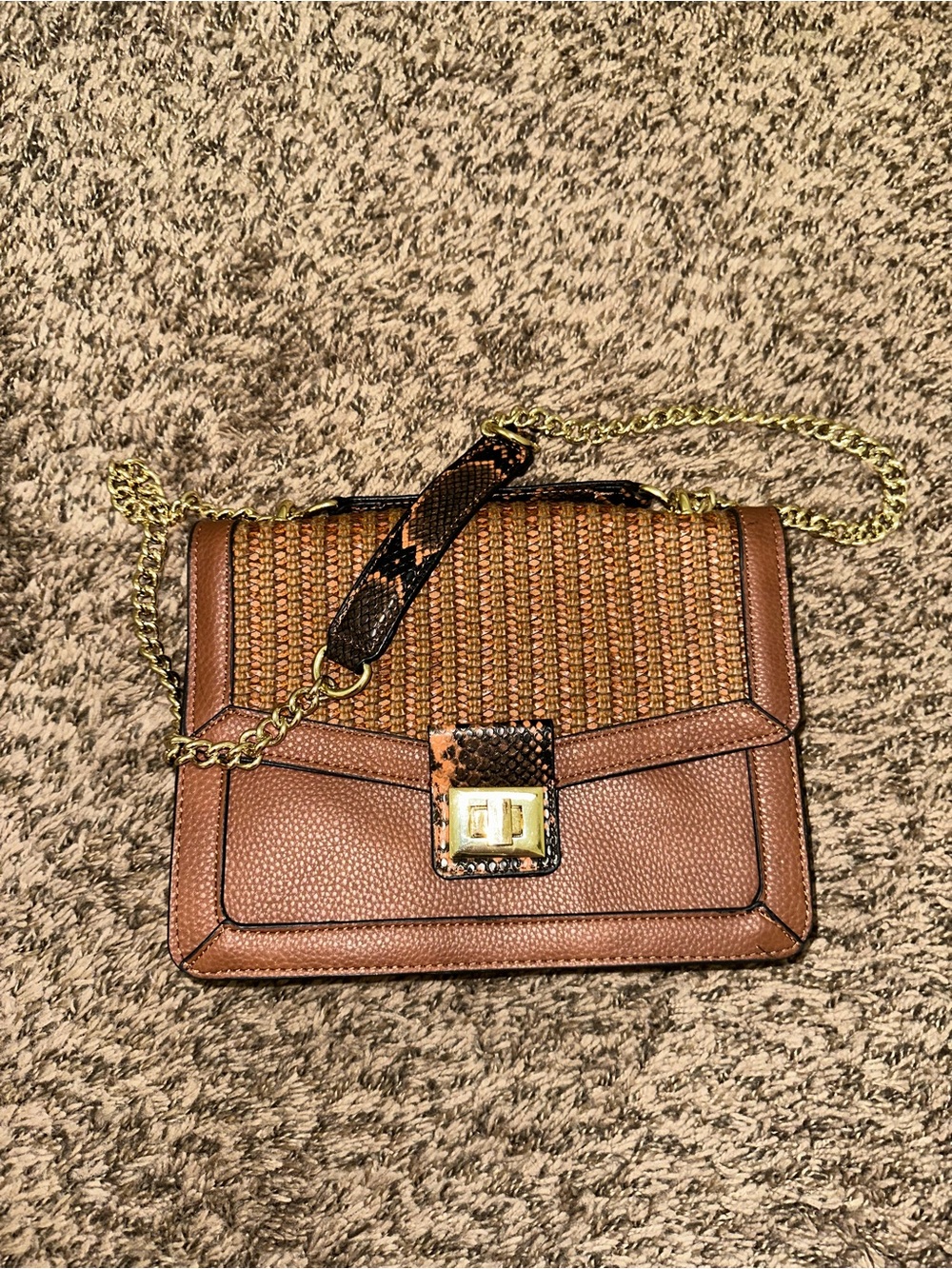 Steve Madden Brown Woven Shoulder Bag with Gold Chain